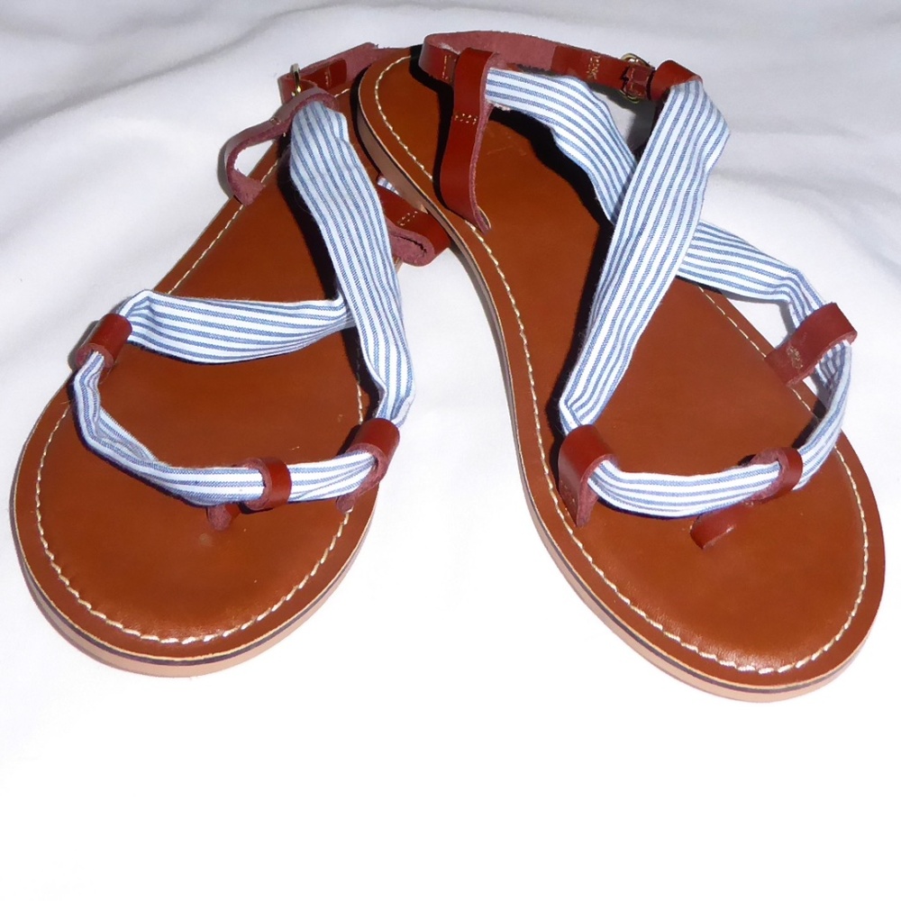 LOFT BLUE/WHITE STRIPE SKINNY STRAPPY SANDALS FLAT LEATHER & FABRIC THONG 8M 8